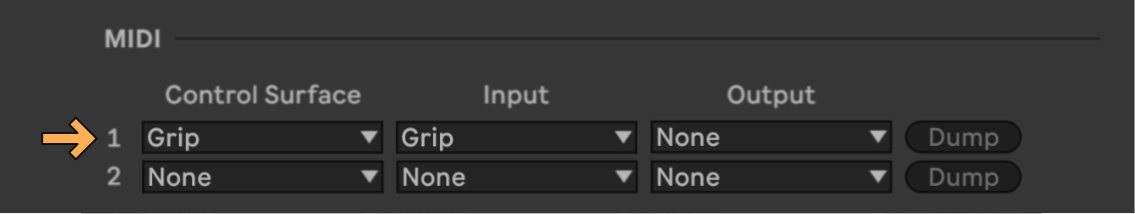 Ableton MIDI settings showing Grip as control surface